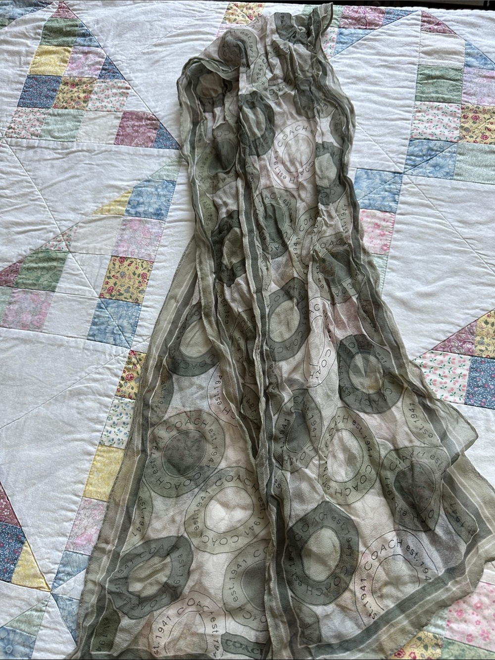 W—Coach Sheer Logo Scarf in Olive Green and Taupe